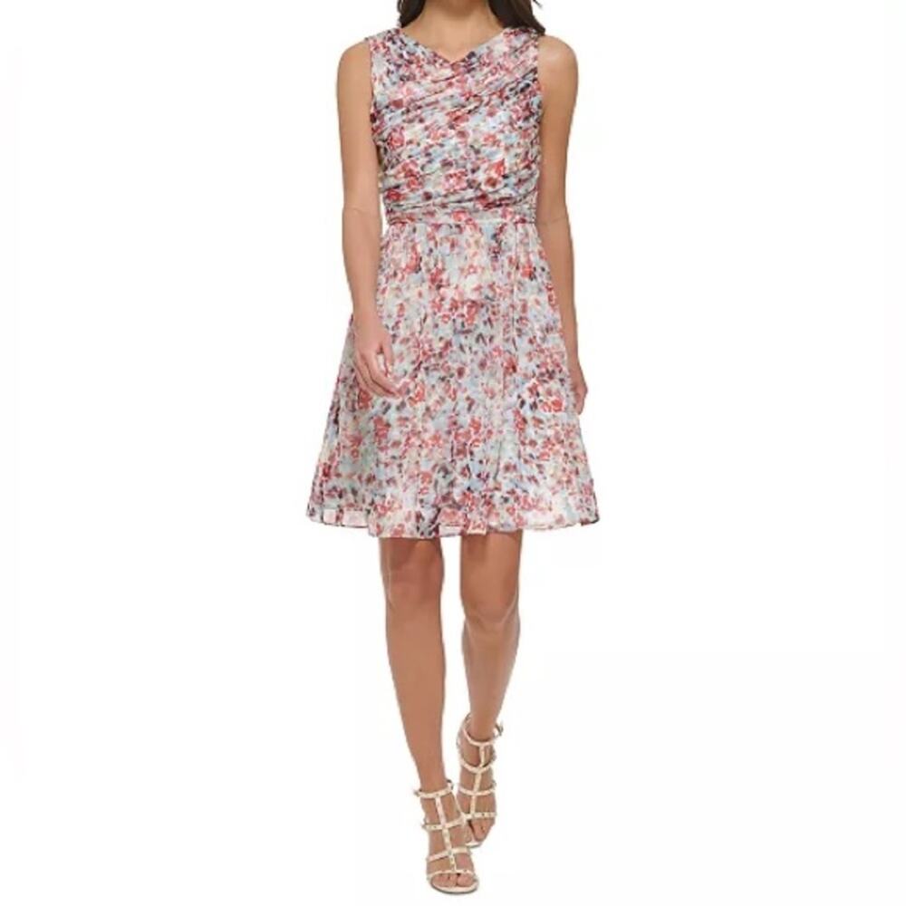 DKNY Women's Printed Sleeveless Gathered-Bodice Dress Sz 14